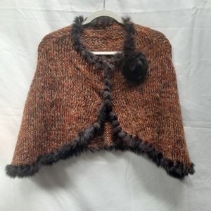 Vtg 1970's Handmade Brown Tan Rusty Orange fall colors cape with rabbit fur OS